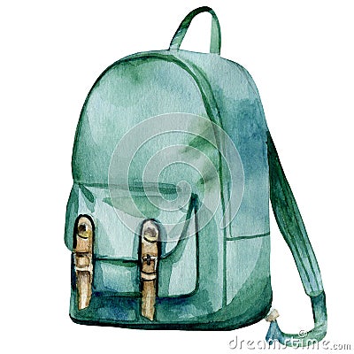 Watercolor hand painted realistic turquoise backpack Stock Photo