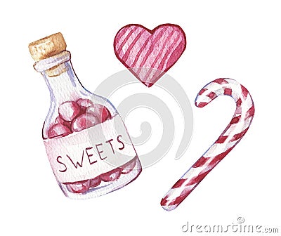 Watercolor hand-painted red Christmas bottle with sweets and lollipop. Cartoon Illustration