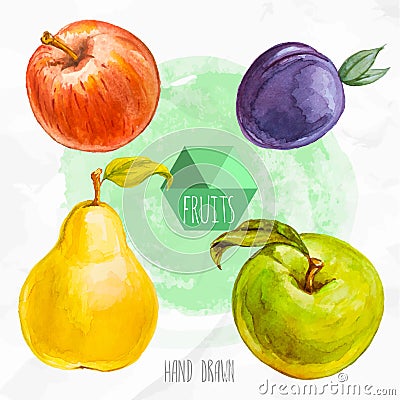 Watercolor hand painted red and green apple, pear and plum. Vector Illustration