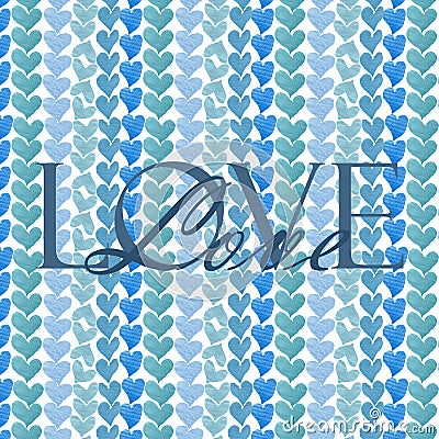 Watercolor hand painted romantic composition with light and dark blue hearts texture pattern isolated on the white background Stock Photo