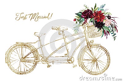 Watercolor hand painted romantic illustration on white background - gold vintage wedding tandem bicycle with basket of flowers. Cartoon Illustration