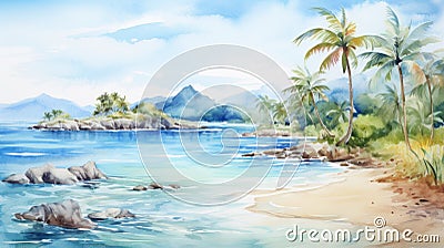 Watercolor Hand Painted Sea Landscapes: Beach Paradise Lagoon AI Generated Cartoon Illustration