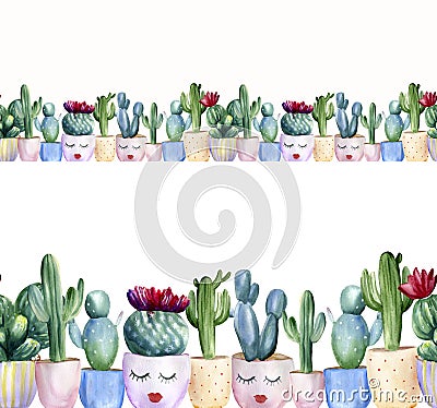Watercolor hand painted seamless border with cactuses in flower pots. Cute and cozy background template isolated on white Stock Photo