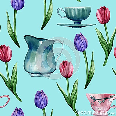 Watercolor hand painted seamless pattern with antique turquoise and pink tableware: milk jug, cups, saucer, tulips on light blue Stock Photo