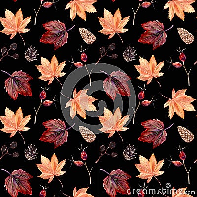 Watercolor hand painted seamless pattern with autumn leaves, alder branches, cones and rose hip beries on black background. Stock Photo