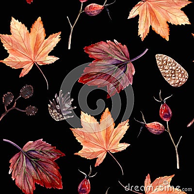 Watercolor hand painted seamless pattern with autumn leaves, alder branches, cones and rose hip beries on black background. Stock Photo