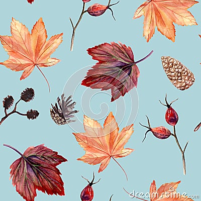 Watercolor hand painted seamless pattern with autumn leaves, alder branches, cones and rose hip beries on dark background. Stock Photo