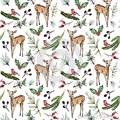 Watercolor hand painted seamless pattern with baby deer, bullfinch, holly, coniferous branches and rose hip on white background. Stock Photo