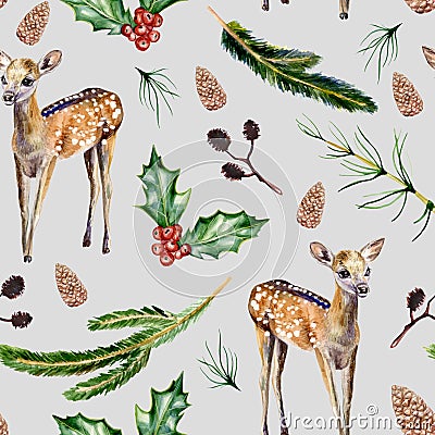 Watercolor hand painted seamless pattern with baby deer, holly, coniferous branches on grey background. Stock Photo