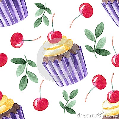 Watercolor hand painted seamless pattern with cherries, leaves and cupcake with cherry berry on top of cream. Stock Photo