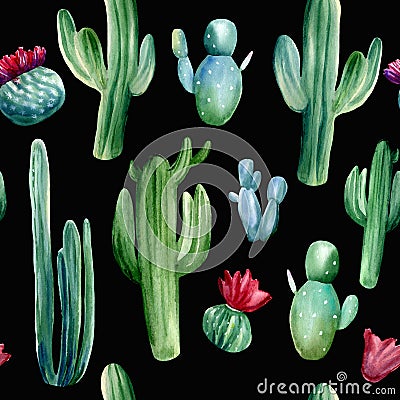 Watercolor hand painted seamless pattern with different cactuses on black background Stock Photo