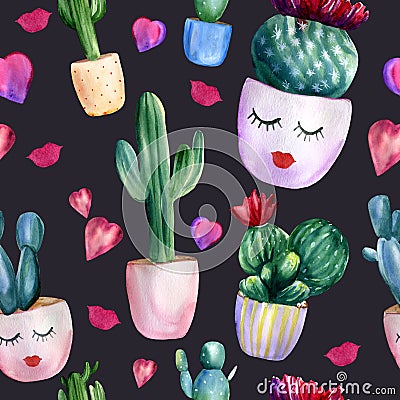 Watercolor hand painted seamless pattern with different cactuses in flower pots, hearts and lips on black background. Romantic Stock Photo