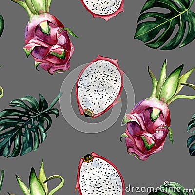 Watercolor hand painted seamless pattern with dragon fruits and monstera leaves on grey background Stock Photo