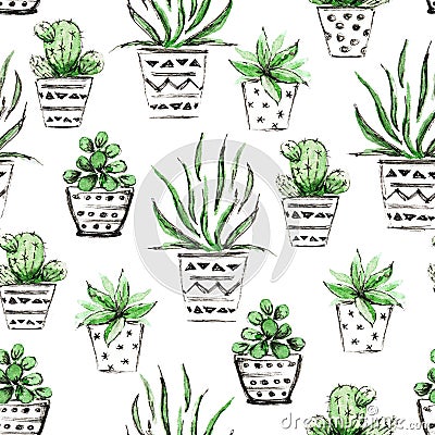 Watercolor hand painted seamless pattern of houseplants Stock Photo