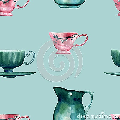 Watercolor hand painted seamless pattern including illustrations of antique turquoise and pink tableware on blue background. Cozy Cartoon Illustration