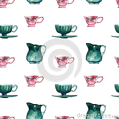 Watercolor hand painted seamless pattern including illustrations of antique turquoise and pink tableware on white background. Cartoon Illustration