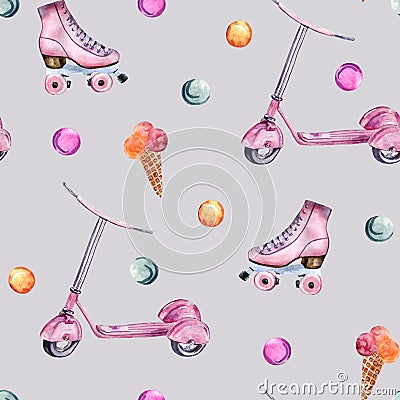 Watercolor hand painted seamless pattern with pink scooter, skates, ice cream and bubbles on grey background. Stock Photo