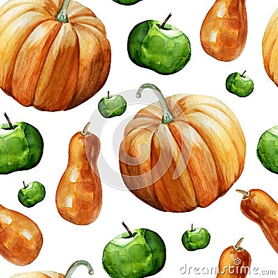 Watercolor hand painted seamless pattern with ripe orange pumpkins and green apples on white background. Perfect for creating Stock Photo