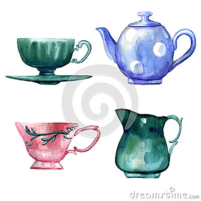 Watercolor hand painted set of antique tableware: blue teapot with white polka dots, turquoise milk jug and cup with a saucer and Cartoon Illustration