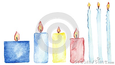 Watercolor hand painted set with different multicolored candles, blue, yellow, pink and light blue wax collection Stock Photo