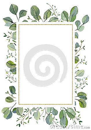 Watercolor hand painted silver dollar eucalyptus and greenery plant wedding card. Greenery branches Cartoon Illustration