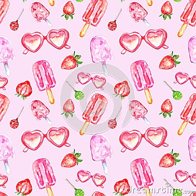 Watercolor hand painted summer tasty desserts seamless pattern on pink background. Colorful decorative elements Stock Photo