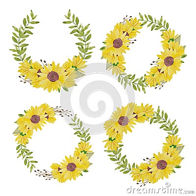 Watercolor hand painted sunflower circle wreath illustration Vector Illustration
