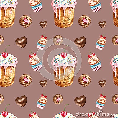 Watercolor sweets and desserts seamless pattern. Hand painted birthday treats- cake, cupcake, cookie, chocolate candy, isolated Cartoon Illustration