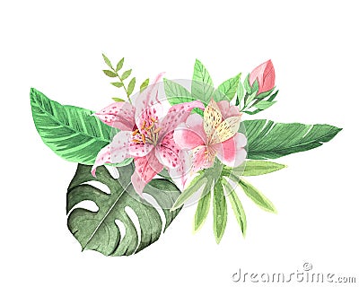Watercolor hand painted tropical bouquet Stock Photo