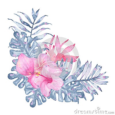 Watercolor hand painted tropical flower bouquet pink calla heliconia hibiscus frangipani leaves of indigo palm monstera Cartoon Illustration