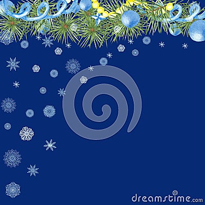 Watercolor hand painted winter holiday celebration composition with green fir branches, blue ball toys and yellow garlands, white Stock Photo