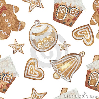 Watercolor hand painted winter holiday celebration seamless pattern with yellow gingerbread cookies: men, house, bell, ball, star Stock Photo