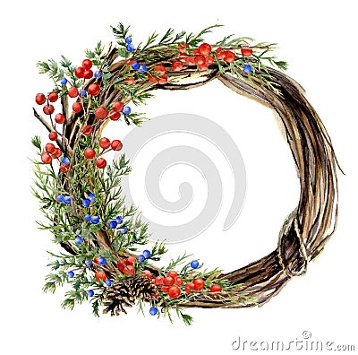 Watercolor hand painted winter wreath of twig. Wood wreath with red and blue winter berries and juniper. Natural Cartoon Illustration