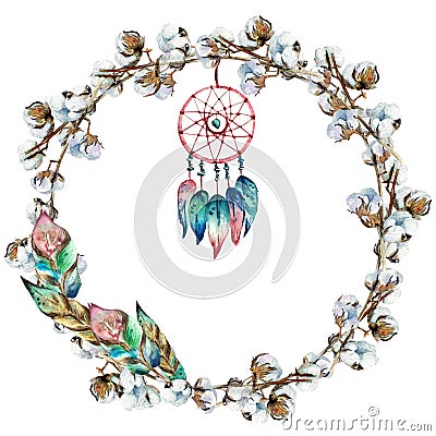 Watercolor hand painted wreath of cotton branches with dream catcher and feathers. Stock Photo