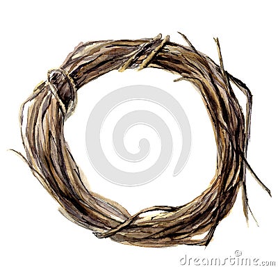 Watercolor hand painted wreath of twig. Wood wreath for design and background Stock Photo