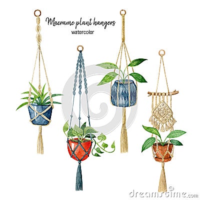 Watercolor handdrawn set of macrame plant hangers in hygge style. Stock Photo