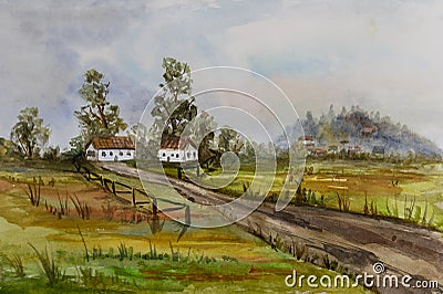 Watercolor handmade painting landscape with hill, small building,trees, meadow and path Stock Photo