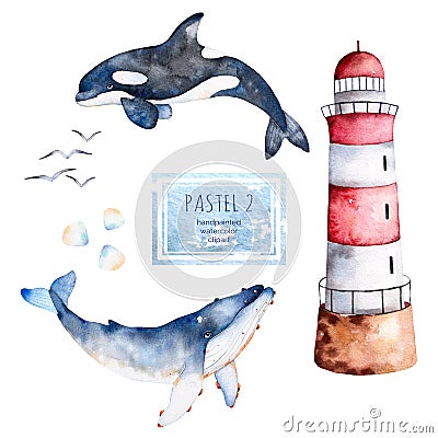 Watercolor handpainted whales,seashells and lighthouse in pastel colors. Stock Photo