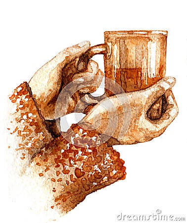 Watercolor Hands with Teacup Cartoon Illustration