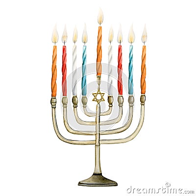 Watercolor Hanukkah menorah with candles illustration for Chanukkah greeting cards and designs jewish traditional winter holiday, Cartoon Illustration