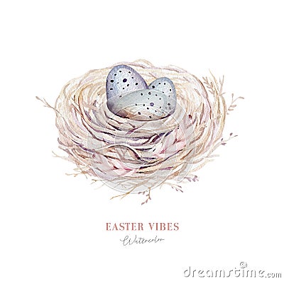 Watercolor happt easter nest with bird eggs with branch and feather isolated on white. Spring hand drawn illustration Cartoon Illustration