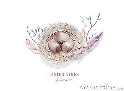Watercolor happt easter nest with bird eggs with branch and feather isolated on white. Spring hand drawn illustration Cartoon Illustration