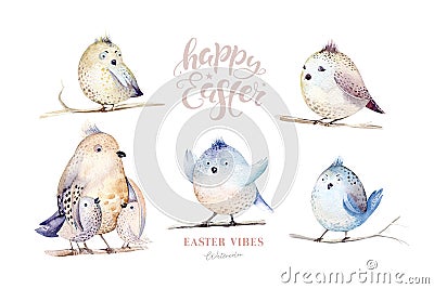 Watercolor happt easter nest with bird eggs with branch and feather isolated on white. Spring hand drawn illustration Cartoon Illustration