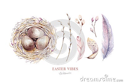 Watercolor happt easter nest with bird eggs with branch and feather isolated on white. Spring hand drawn illustration Cartoon Illustration