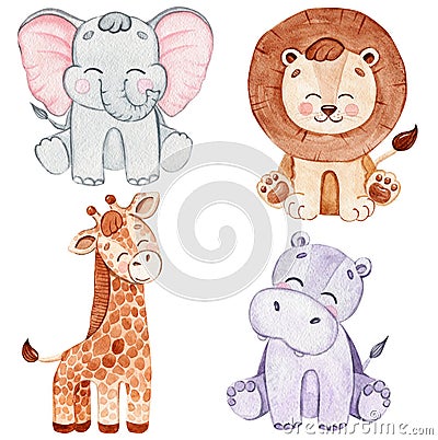 Watercolor happy african animals set isolated on white background Stock Photo