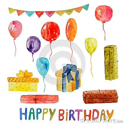 Watercolor happy birthday objects on a transparent background. Stock Photo