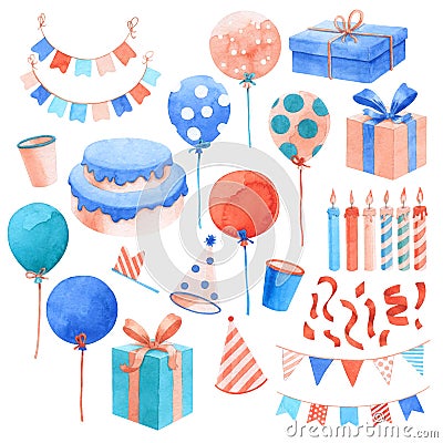 Watercolor happy birthday party set. Celebration objects Stock Photo