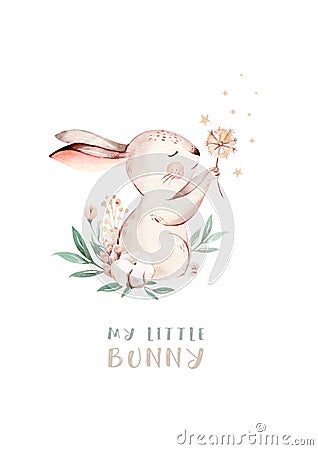 Watercolor Happy Easter baby bunnies design with spring blossom flower. Rabbit bunny kids illustration isolated. Hand Cartoon Illustration