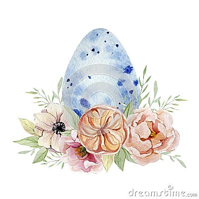 Watercolor Happy Easter blue color egg with botanical flowers clipart. Vintage Easter illustration for greating card, banner, part Cartoon Illustration