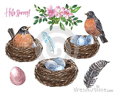 Watercolor happy Easter collection with spring birds, flowers bouquet, eggs in nest, isolated Cartoon Illustration